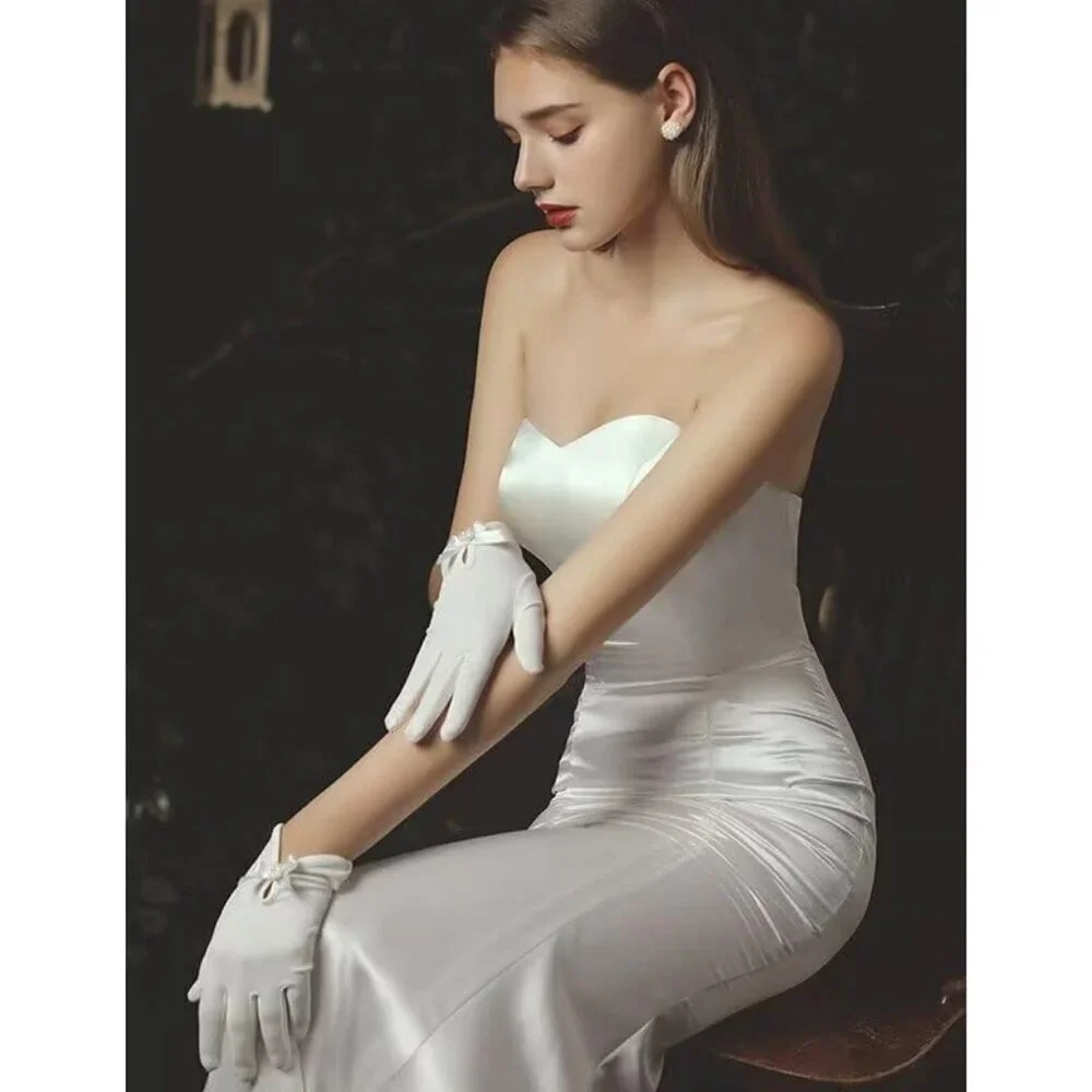 Women's Elegant Short Flower Satin Bow Pearl Gloves Opera Dinner Party Design